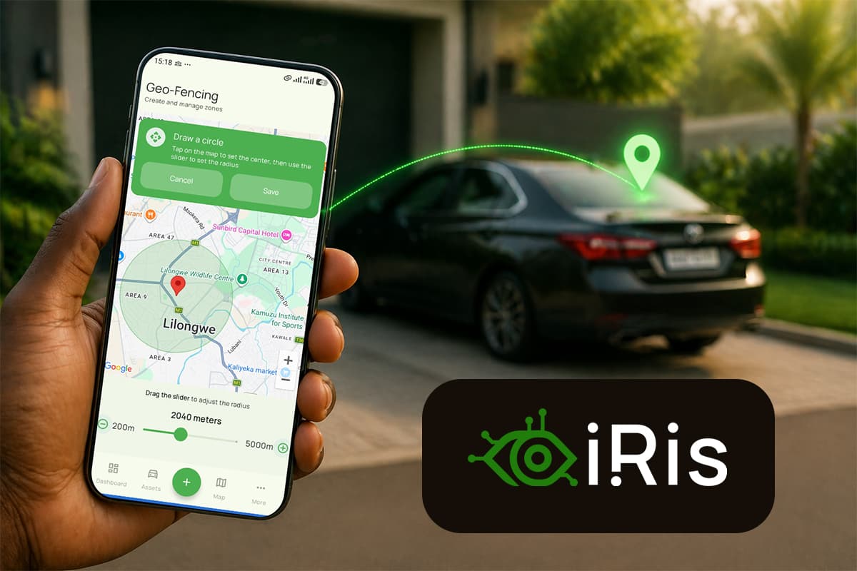 The iRis app open on a phone, geofencing a client's car in Lilongwe