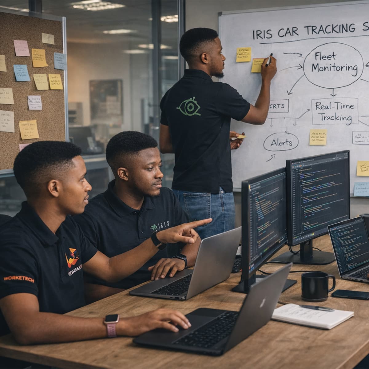 The Worketech team planning the iRis Car Tracking system on a whiteboard